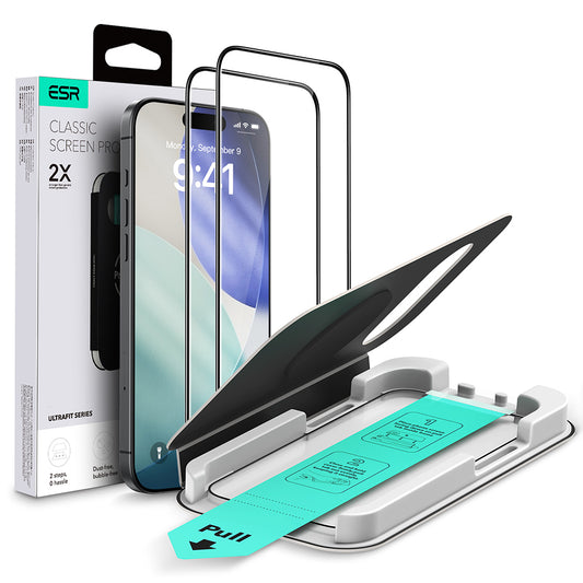 Película protetora de ecrã ESR UltraFit Classic para Apple iPhone 18 Pro / 17 Pro, Vidro Temperado, Cola Total, Conjunto de 2 peças, Preto