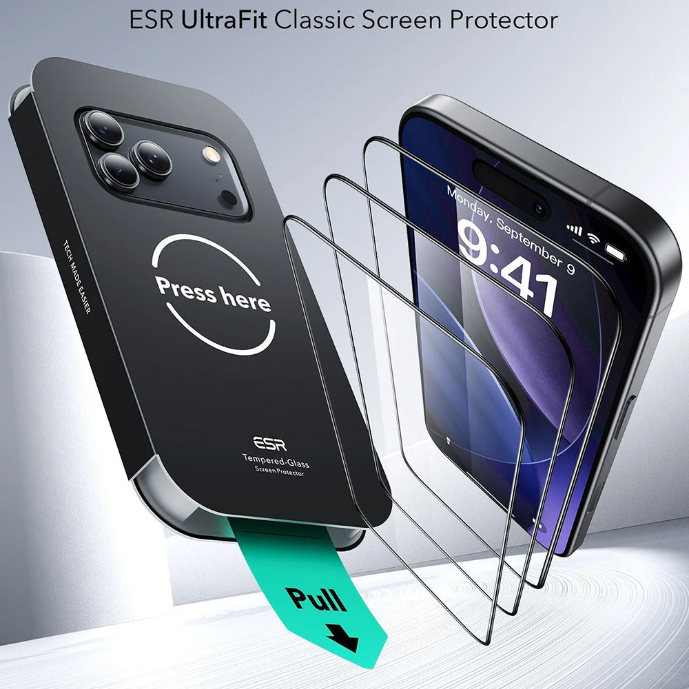Película Protetora Ecran ESR UltraFit para Apple iPhone 17 Pro Max, Vidro Temperado, Full Glue, Conjunto de 3 peças.