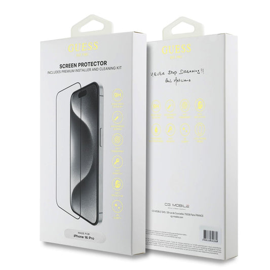 Película Protetora de Ecrã Guess Classic Outline para Apple iPhone 16 Pro Max, Vidro Temperado, Full Glue, 2.5D, Preta GUTGP16XBOKGCIT