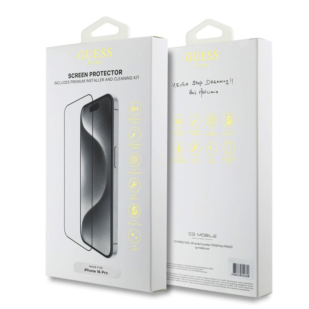 Película Protetora de Ecrã Guess Classic Outline para Apple iPhone 16, Vidro Temperado, Full Glue, 2.5D, Preta GUTGP16SBOKGCIT