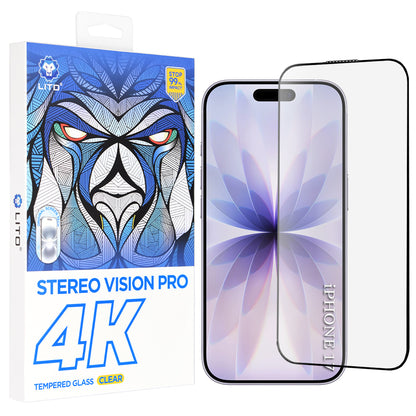 Película Protetora de Ecrã Lito D+ Max 4K para Apple iPhone 17 / 16 Pro, Vidro Temperado, Full Glue, Preta