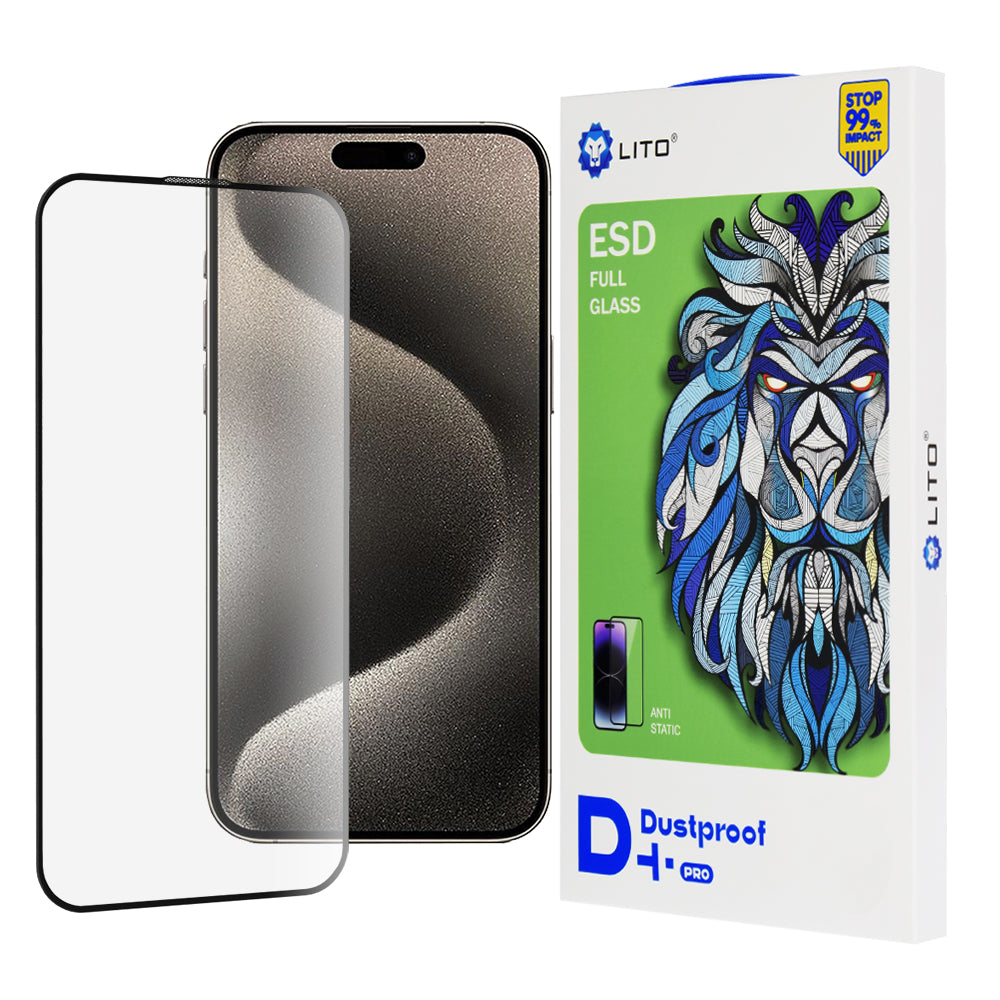 Película protetora de ecrã Lito D+ Pro Dustproof para Apple iPhone 15, Vidro Temperado, Cola Total, Preta