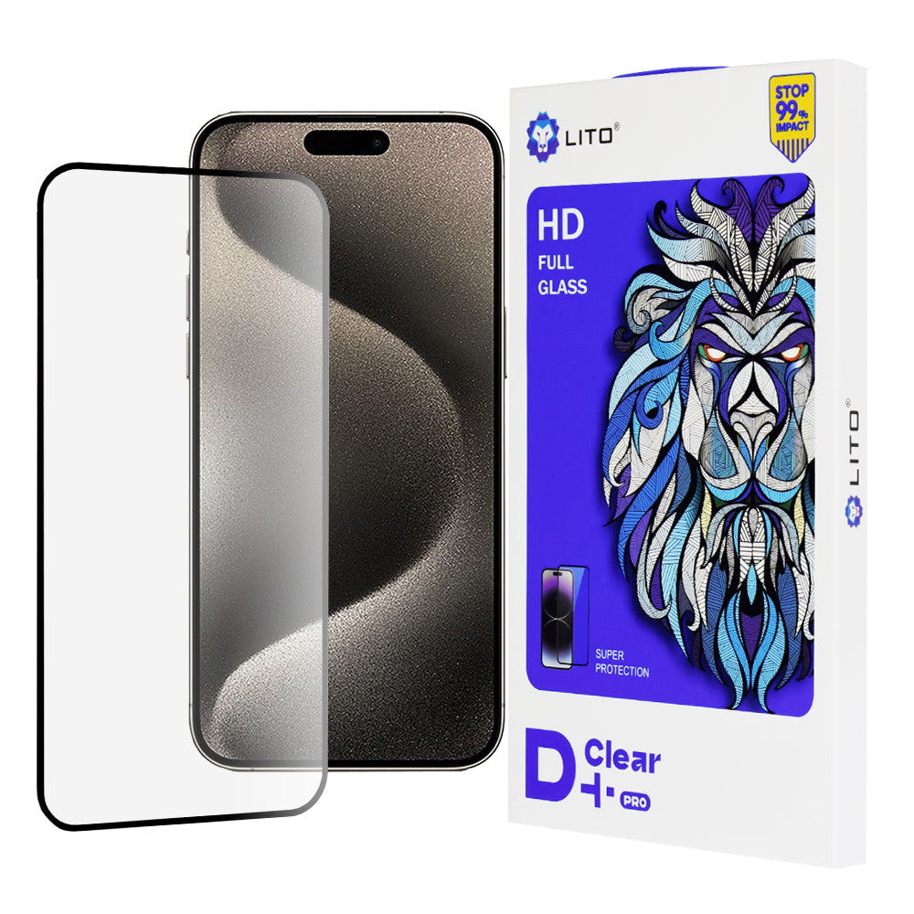 Lito D+ Pro Screen Protector Film for Apple iPhone 15 Pro Max, Tempered Glass, Full Glue, Black