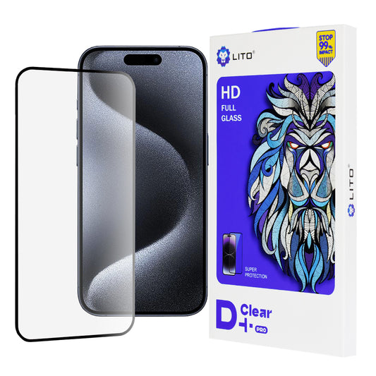 Película protetora de ecrã Lito D+ Pro para Apple iPhone 15 Pro, Vidro Temperado, Cola Total, Preta