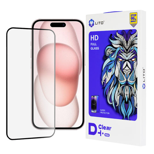 Película protetora de ecrã Lito D+ Pro para Apple iPhone 15, Vidro Temperado, Cola Total, Preto