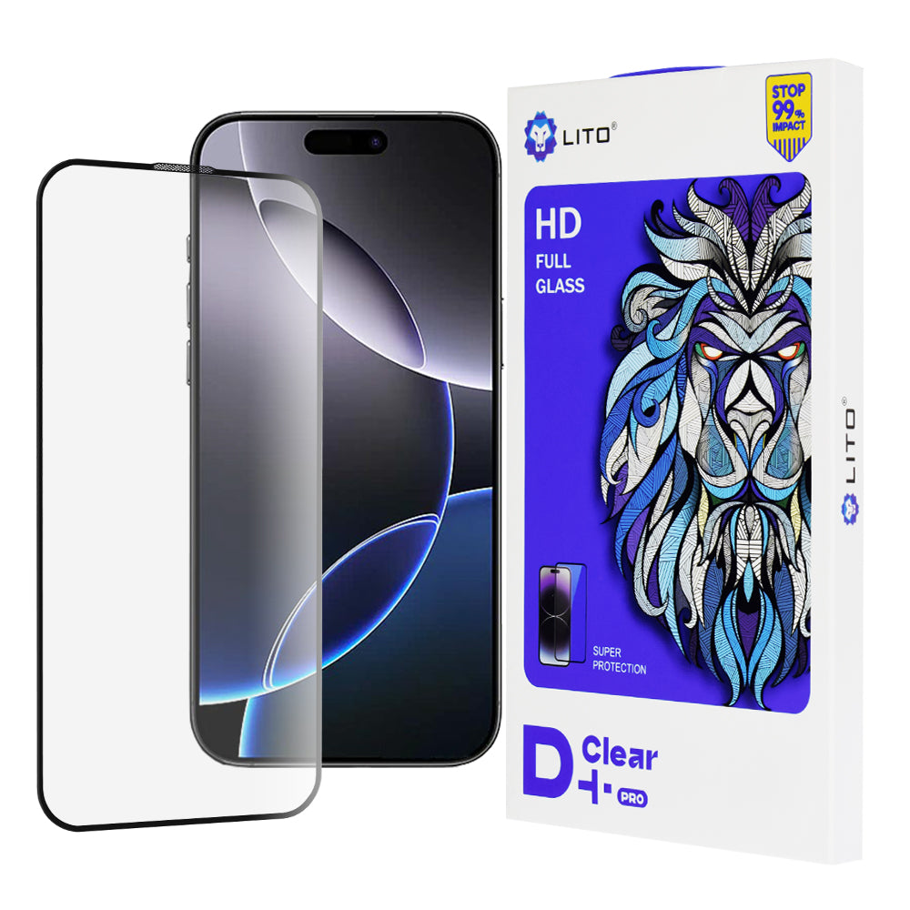 Película protetora de ecrã Lito D+ Pro para Apple iPhone 16 Pro Max, Vidro Temperado, Cola Total, Preta