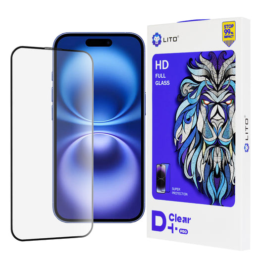 Película protetora de ecrã Lito D+ Pro para Apple iPhone 16, Vidro Temperado, Cola Total, Preta