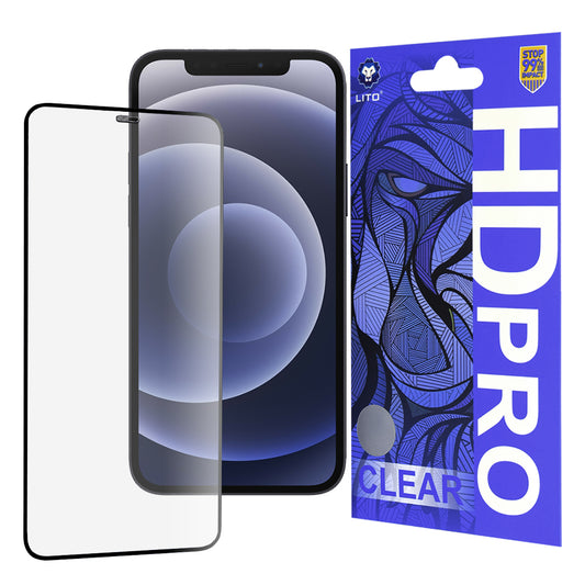 Película protetora de ecrã Lito HD Pro Clear para Apple iPhone 12 / 12 Pro, Vidro Temperado, Cola Total, Preta