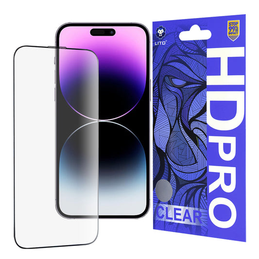 Película protetora de ecrã Lito HD Pro Clear para Apple iPhone 14 Pro Max, Vidro Temperado, Cola Total, Preta