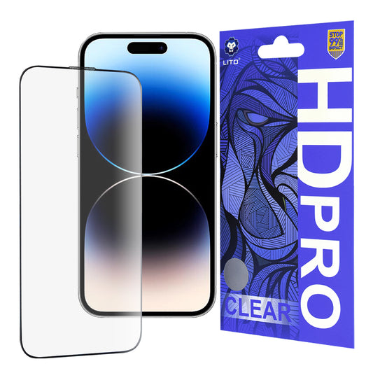 Película protetora de ecrã Lito HD Pro Clear para Apple iPhone 14 Pro, Vidro Temperado, Cola Total, Preta