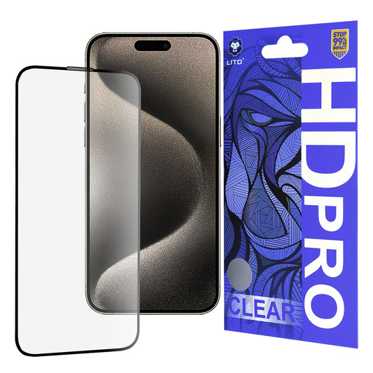 Película protetora de ecrã Lito HD Pro Clear para Apple iPhone 15 Pro Max, Vidro Temperado, Cola Total, Preta