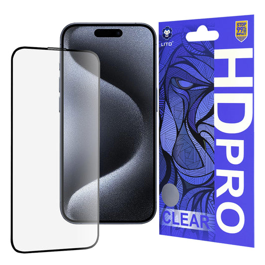 Película protetora de ecrã Lito HD Pro Clear para Apple iPhone 15 Pro, Vidro Temperado, Cola Total, Preta