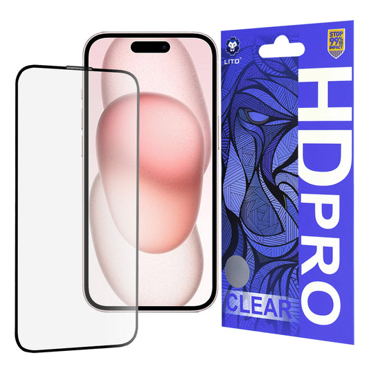 Película protetora de ecrã Lito HD Pro Clear para Apple iPhone 15, Vidro Temperado, Cola Total, Preta
