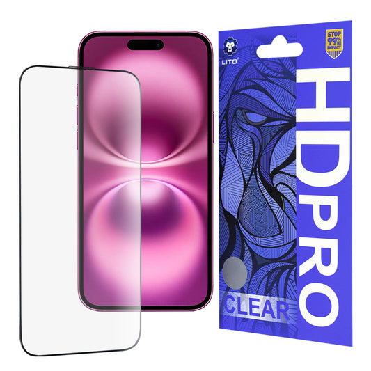 Película protetora de ecrã Lito HD Pro Clear para Apple iPhone 16 Plus, Vidro Temperado, Cola Total, Preta