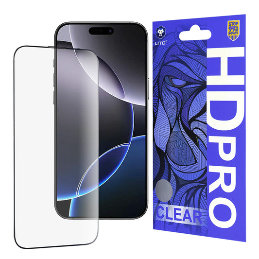 Película protetora de ecrã Lito HD Pro Clear para Apple iPhone 16 Pro Max, Vidro Temperado, Cola Total, Preta