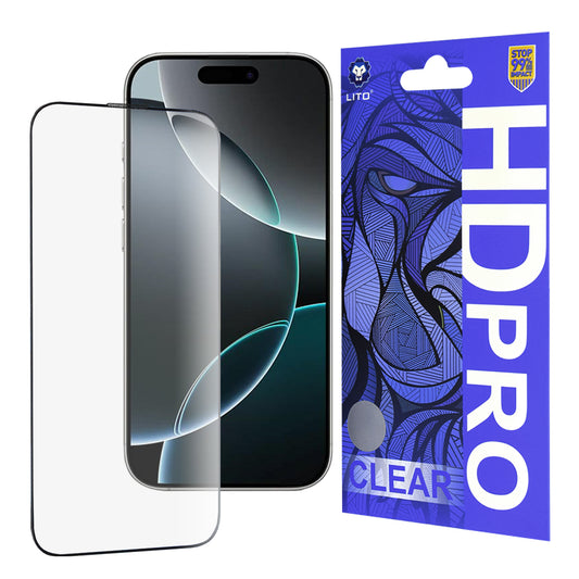 Película protetora de ecrã Lito HD Pro Clear para Apple iPhone 16 Pro, Vidro Temperado, Cola Total, Preta