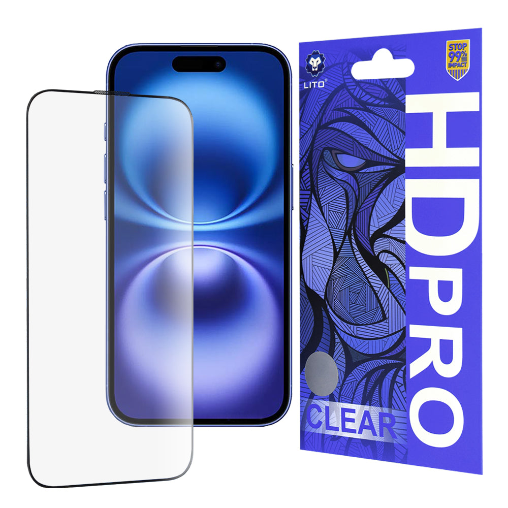 Película protetora de ecrã Lito HD Pro Clear para Apple iPhone 16, Vidro Temperado, Cola Total, Preta
