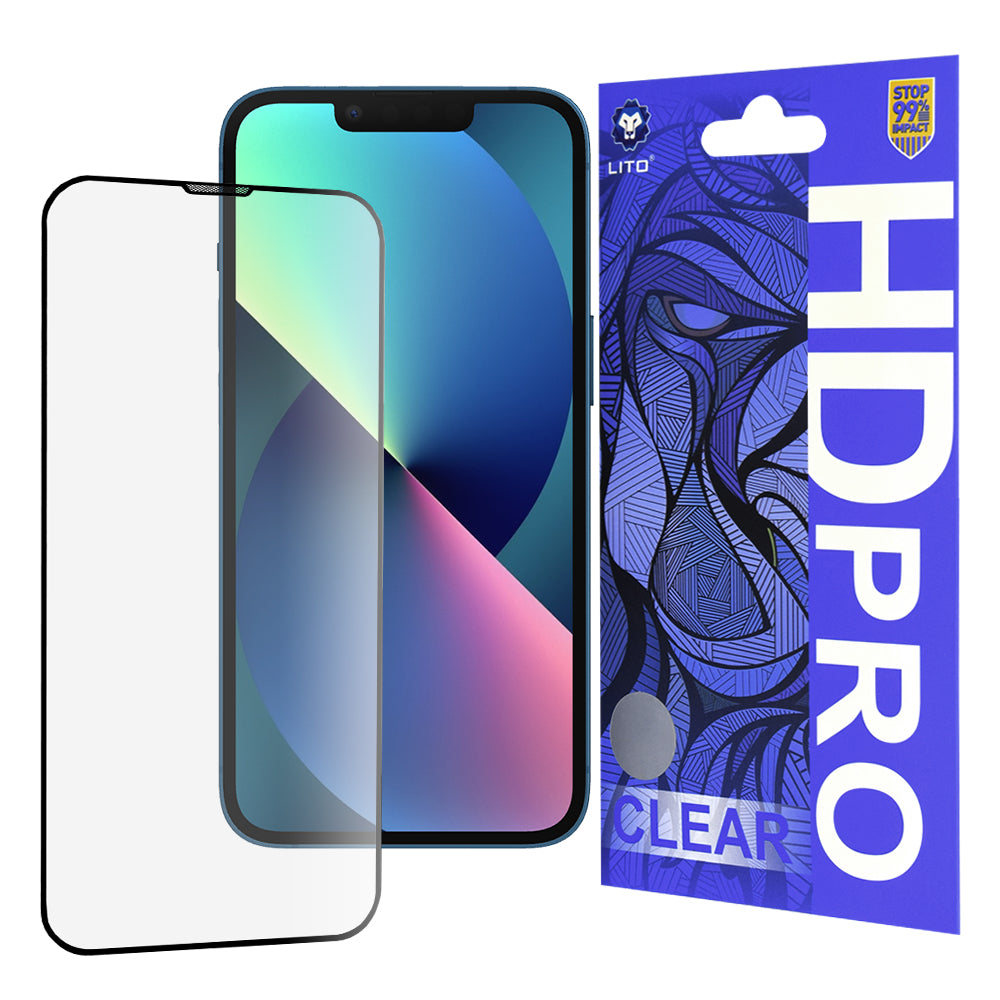 Película protetora de ecrã Lito HD Pro Clear para Apple iPhone 17e / 16e / 14 / 13 Pro, Vidro Temperado, Cola Total, Preta