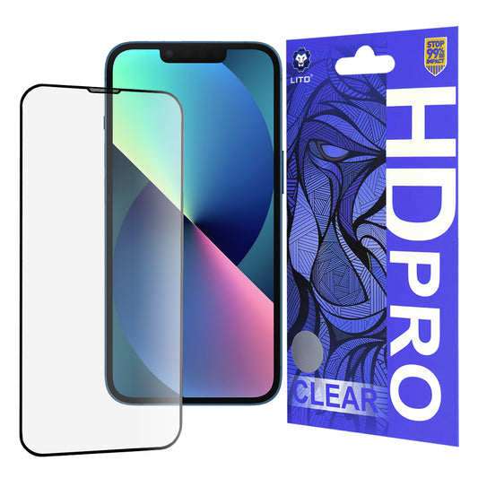 Película protetora de ecrã Lito HD Pro Clear para Apple iPhone 17e / 16e / 14 / 13 Pro, Vidro Temperado, Cola Total, Preta