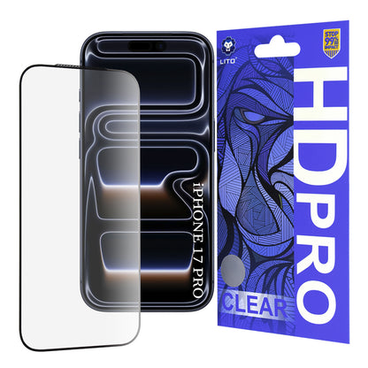 Película Protetora de Ecrã Lito HD Pro Clear para Apple iPhone 17 Pro, Vidro Temperado, Full Glue, Preta