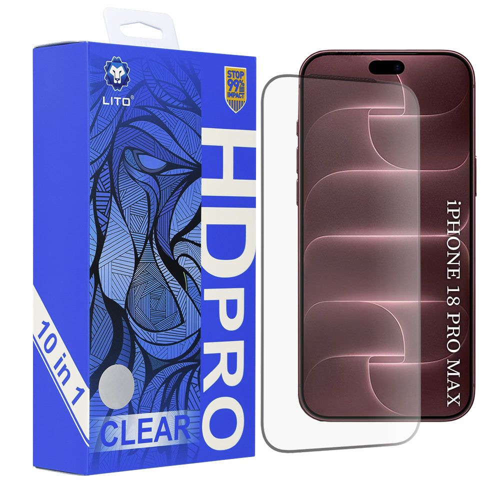 Película de proteção de ecrã Lito HD Pro para Apple iPhone 18 Pro Max / 17 Pro Max, vidro temperado, adesivo integral, conjunto de 10 unidades, preta