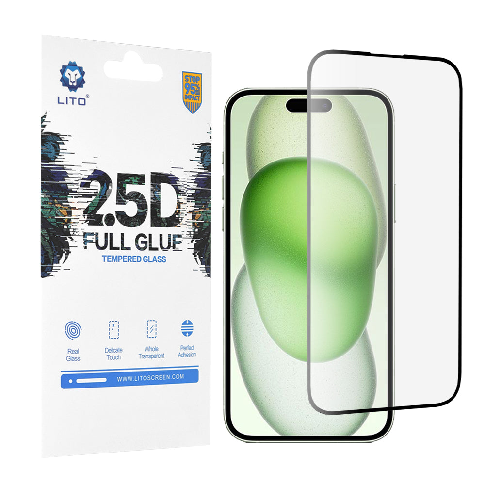 Película protetora de ecrã Lito para Apple iPhone 15 Plus, Vidro Temperado, Cola Total, 2.5D, Preta