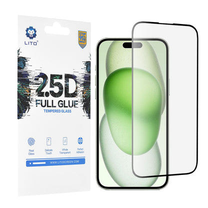 Película protetora de ecrã Lito para Apple iPhone 15 Plus, Vidro Temperado, Cola Total, 2.5D, Preta