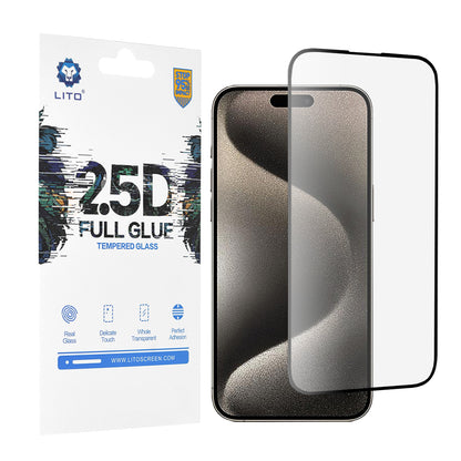 Película protetora de ecrã Lito para Apple iPhone 15 Pro Max, Vidro Temperado, Cola Total, 2.5D, Preto