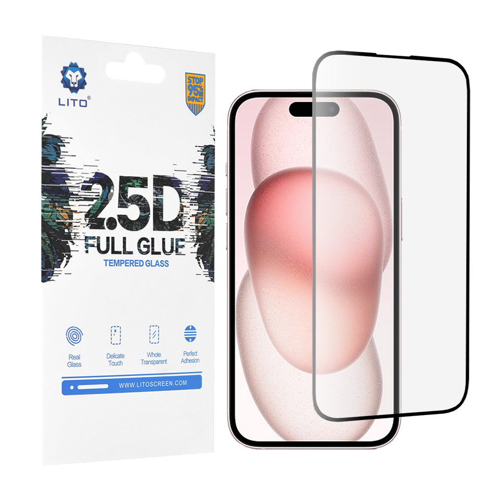 Película protetora de ecrã Lito para Apple iPhone 15, Vidro Temperado, Full Glue, 2.5D, Preto