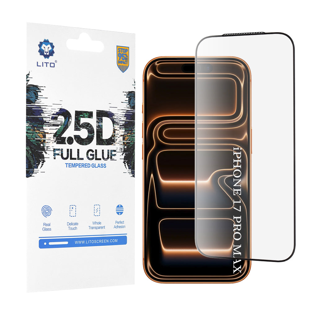 Película Protetora de Ecrã Lito para Apple iPhone 17 Pro Max, Vidro Temperado, Full Glue, 2.5D, Preta