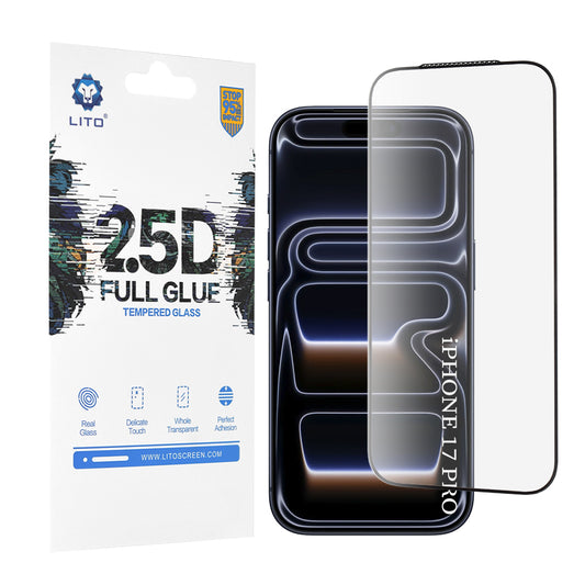 Película Protetora de Ecrã Lito para Apple iPhone 17 Pro, Vidro Temperado, Full Glue, 2.5D, Preta