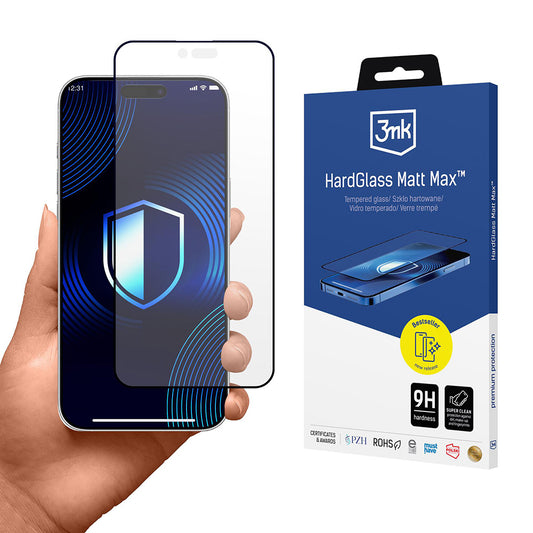 Película Protetora de Ecrã Matte 3MK HardGlass Max para Apple iPhone 17 Air, Vidro Temperado, Full Glue, Preta