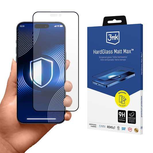 Película Protetora de Ecrã Matte 3MK HardGlass Max para Apple iPhone 17 Pro Max, Vidro Temperado, Full Glue, Preta