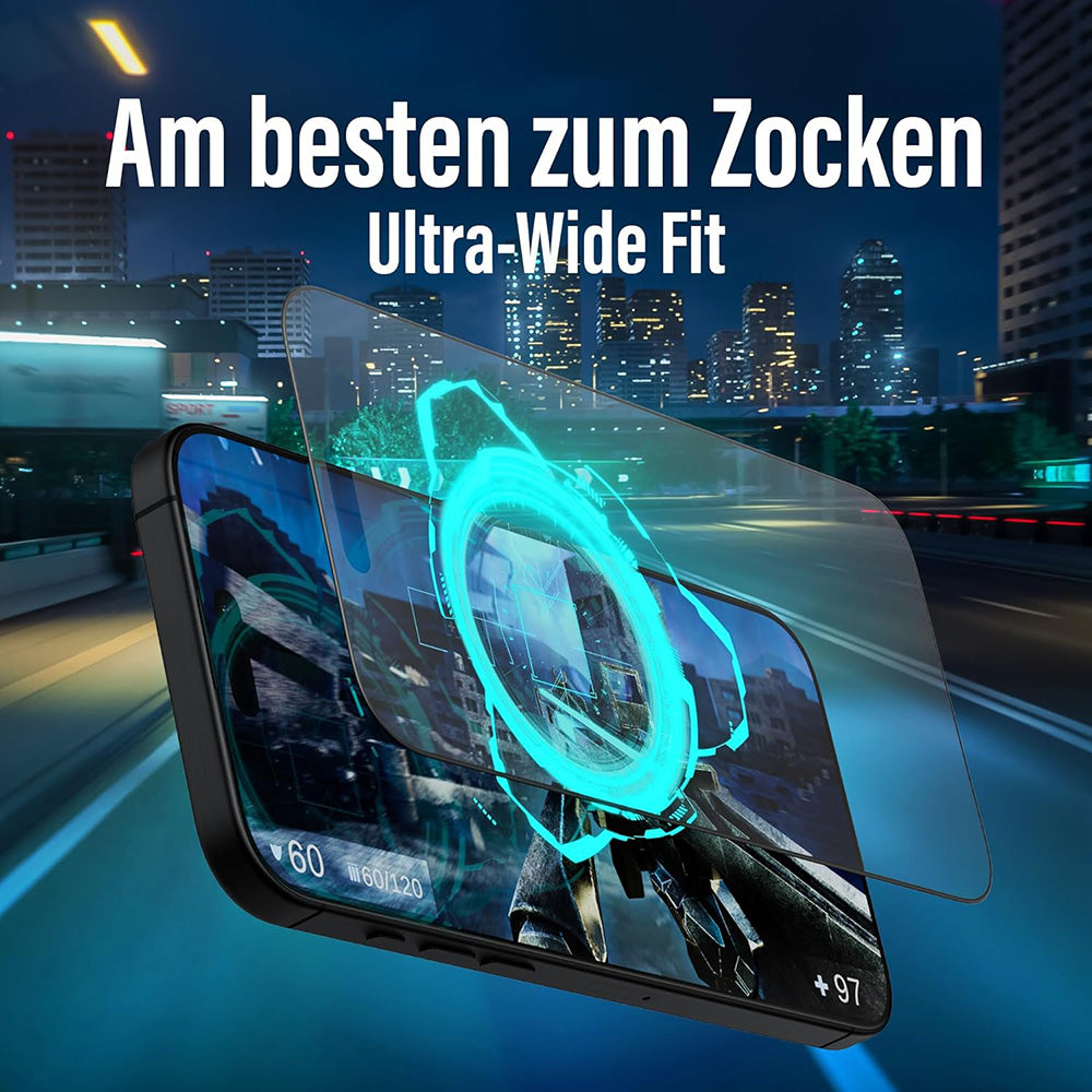 Película Protetora de Ecrã Matte PanzerGlass Ultra-Wide Fit Gaming para Apple iPhone 16 Pro Max, Vidro Temperado, Full Glue, Preta