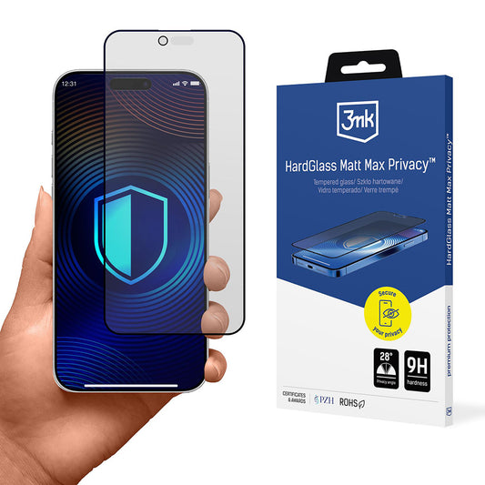 Película Protetora de Ecrã Matte Privacy 3MK HardGlass Max para Apple iPhone 17 Air, Vidro Temperado, Full Glue