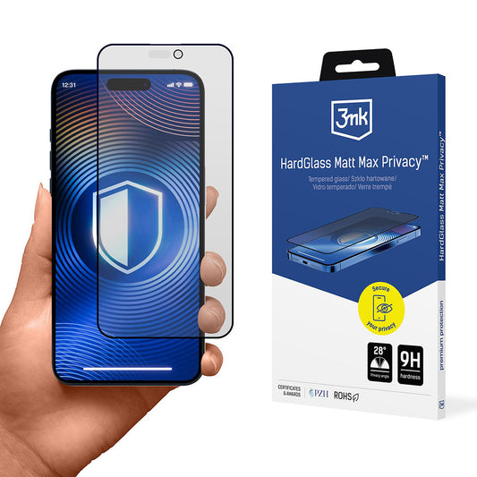 Película Protetora de Ecrã Matte Privacy 3MK HardGlass Max para Apple iPhone 17 Pro Max, Vidro Temperado, Full Glue