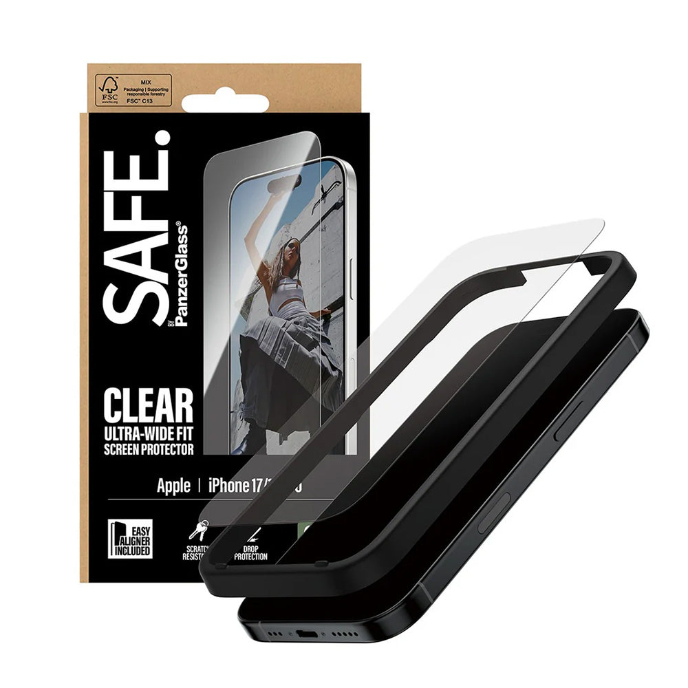 Película Protetora de Ecrã PanzerGlass Safe. Ultra-Wide Fit EasyAligner para Apple iPhone 17 / 16 Pro, Vidro Temperado, Full Glue.