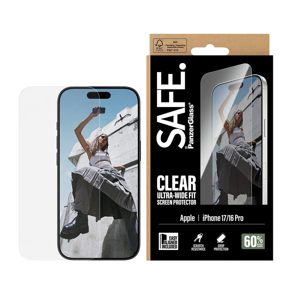 Película Protetora de Ecrã PanzerGlass Safe. Ultra-Wide Fit EasyAligner para Apple iPhone 17 / 16 Pro, Vidro Temperado, Full Glue.