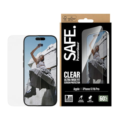 Película Protetora de Ecrã PanzerGlass Safe. Ultra-Wide Fit EasyAligner para Apple iPhone 17 / 16 Pro, Vidro Temperado, Full Glue.