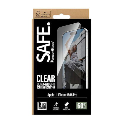 Película Protetora de Ecrã PanzerGlass Safe. Ultra-Wide Fit EasyAligner para Apple iPhone 17 / 16 Pro, Vidro Temperado, Full Glue.