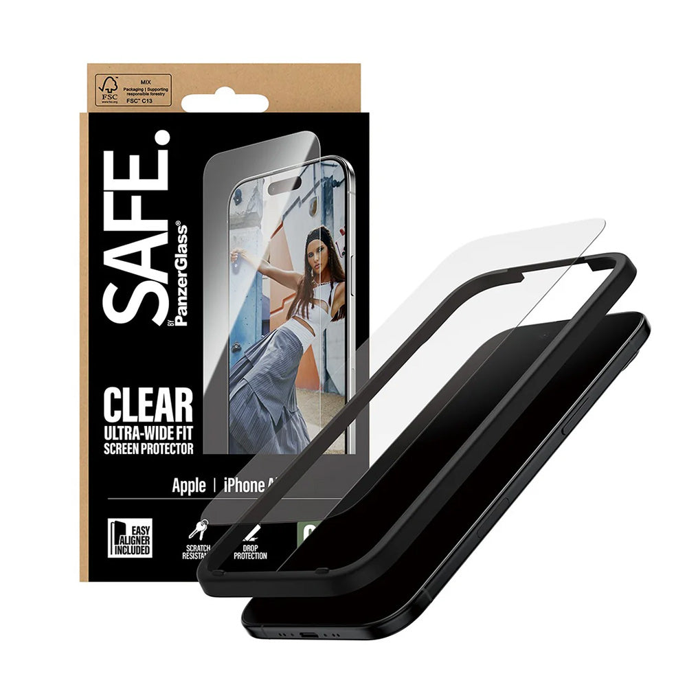 Película Protetora de Ecrã PanzerGlass Safe. Ultra-Wide Fit EasyAligner para Apple iPhone 17 Air, Vidro Temperado, Full Glue.