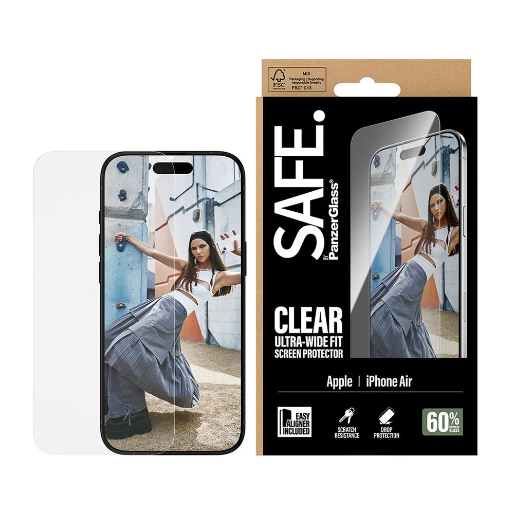 Película Protetora de Ecrã PanzerGlass Safe. Ultra-Wide Fit EasyAligner para Apple iPhone 17 Air, Vidro Temperado, Full Glue.