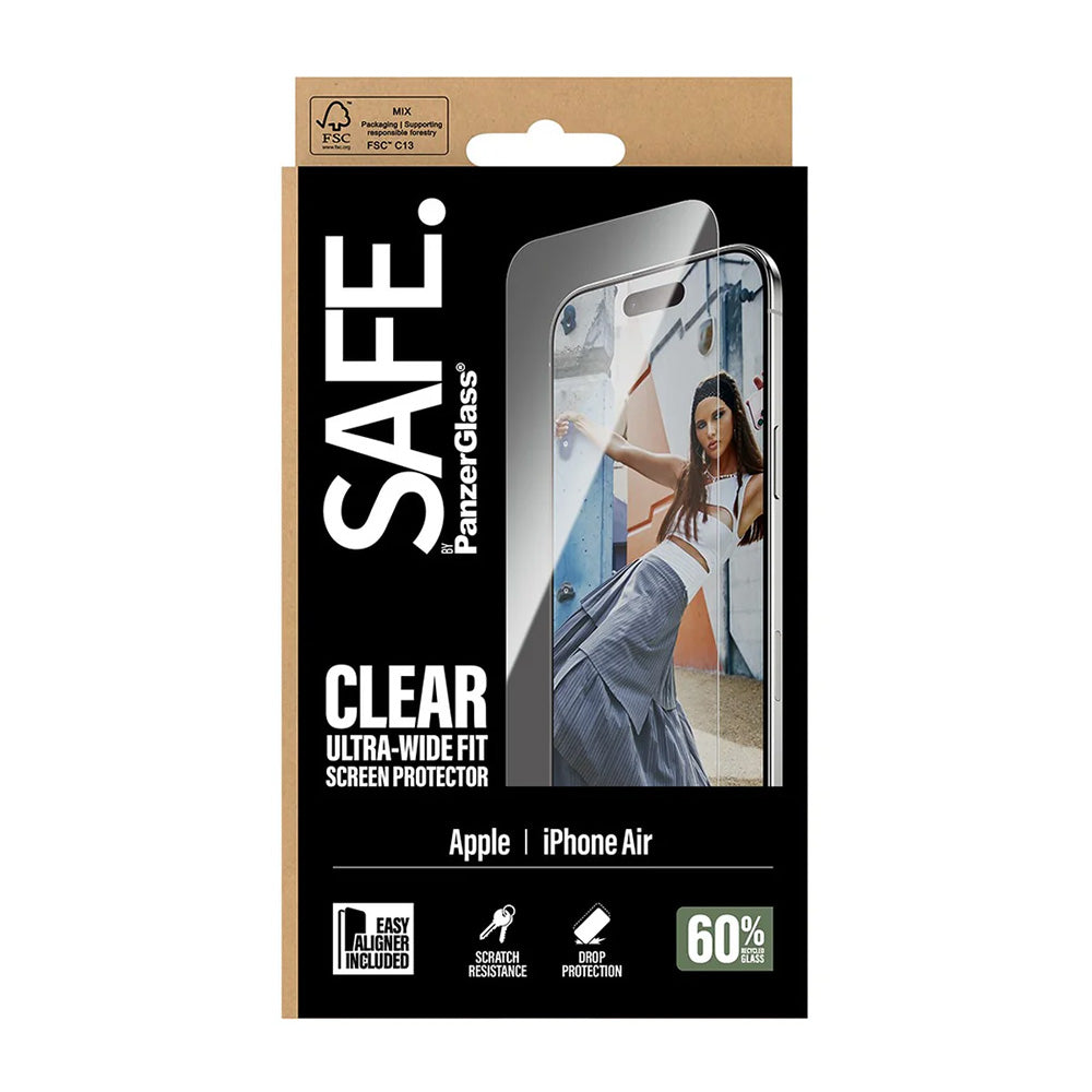 Película Protetora de Ecrã PanzerGlass Safe. Ultra-Wide Fit EasyAligner para Apple iPhone 17 Air, Vidro Temperado, Full Glue.