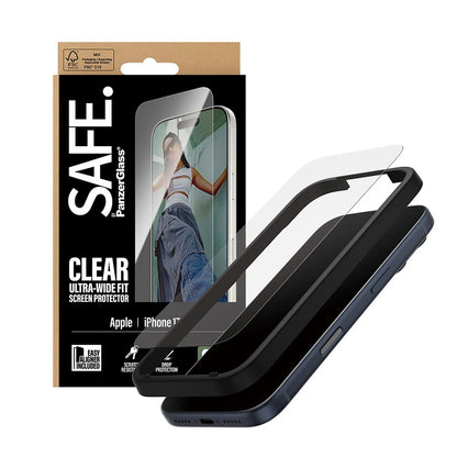 Película Protetora de Ecrã PanzerGlass Safe. Ultra-Wide Fit EasyAligner para Apple iPhone 17 Pro, Vidro Temperado, Full Glue.