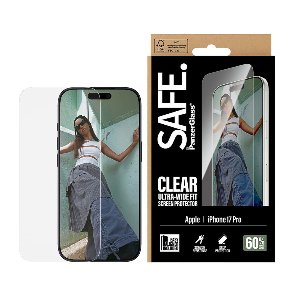 Película Protetora de Ecrã PanzerGlass Safe. Ultra-Wide Fit EasyAligner para Apple iPhone 17 Pro, Vidro Temperado, Full Glue.