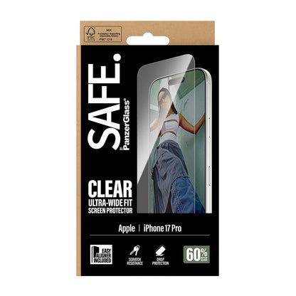 Película Protetora de Ecrã PanzerGlass Safe. Ultra-Wide Fit EasyAligner para Apple iPhone 17 Pro, Vidro Temperado, Full Glue.