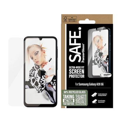 Película Protetora de Ecrã PanzerGlass Safe. Ultra-Wide Fit EasyAligner para Samsung Galaxy A26 A266, Vidro Temperado, Full Glue.