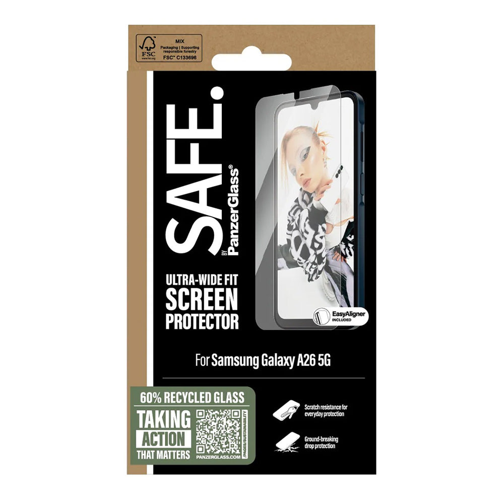 Película Protetora de Ecrã PanzerGlass Safe. Ultra-Wide Fit EasyAligner para Samsung Galaxy A26 A266, Vidro Temperado, Full Glue.