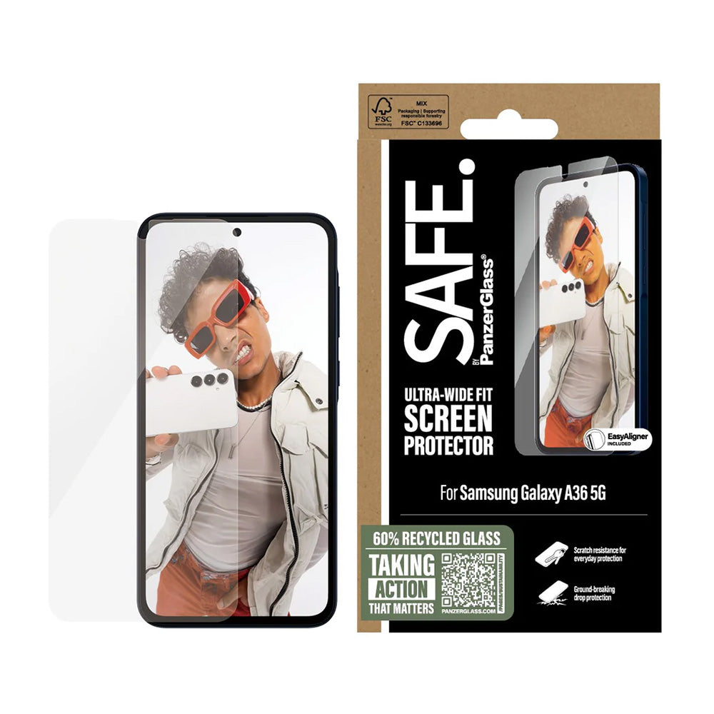 Película Protetora de Ecrã PanzerGlass Safe. Ultra-Wide Fit EasyAligner para Samsung Galaxy A36 A366, Vidro Temperado, Full Glue.