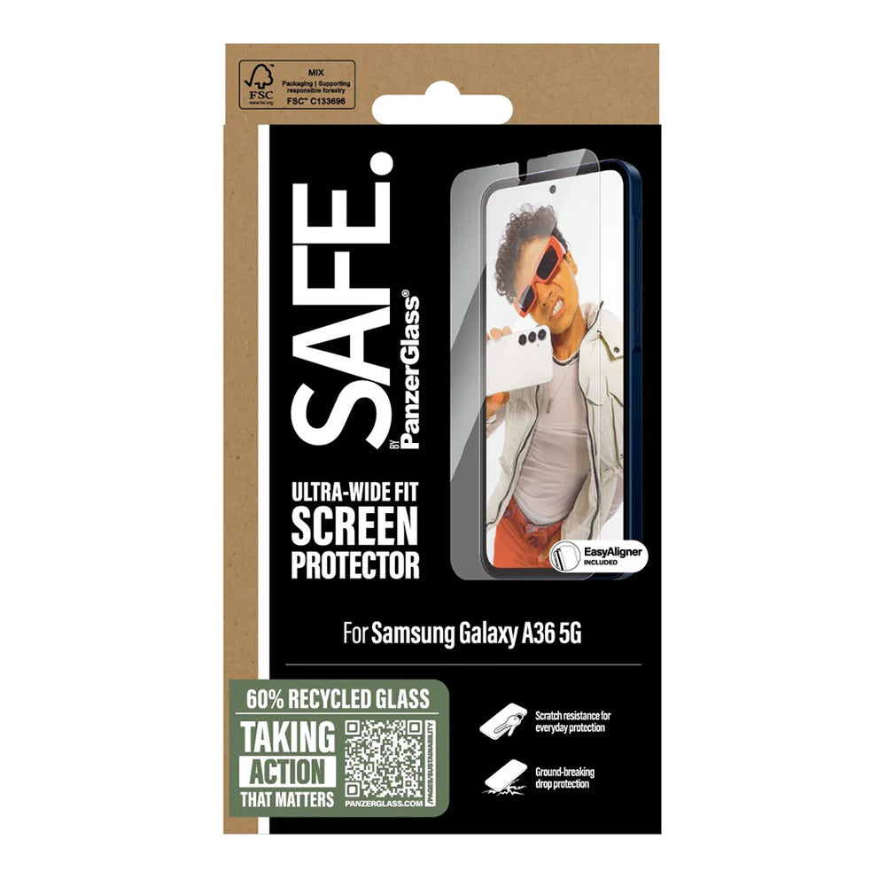 Película Protetora de Ecrã PanzerGlass Safe. Ultra-Wide Fit EasyAligner para Samsung Galaxy A36 A366, Vidro Temperado, Full Glue.